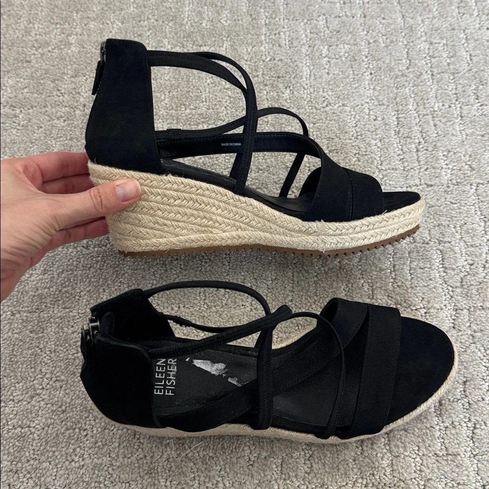 NWOT Eileen Fisher Wanda Tumbled Nubuck Espadrille black wedge platform